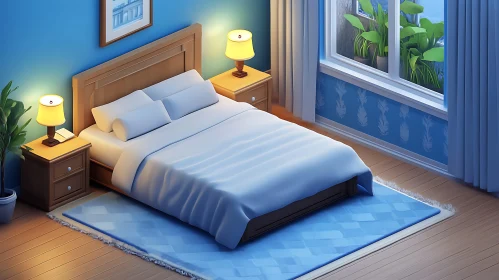 Calm Bedroom with Blue Walls and Wooden Accents