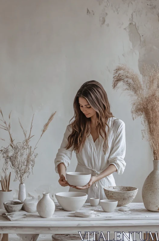 Woman crafting ceramic bowls AI Image