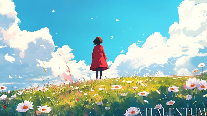 AI ART Red Coat Girl in Flower Meadow