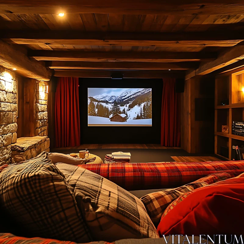 AI ART Inviting Home Theater with Stone and Wood