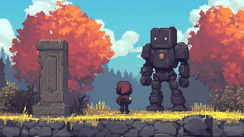 Robot and Figure Pixel Art Scene