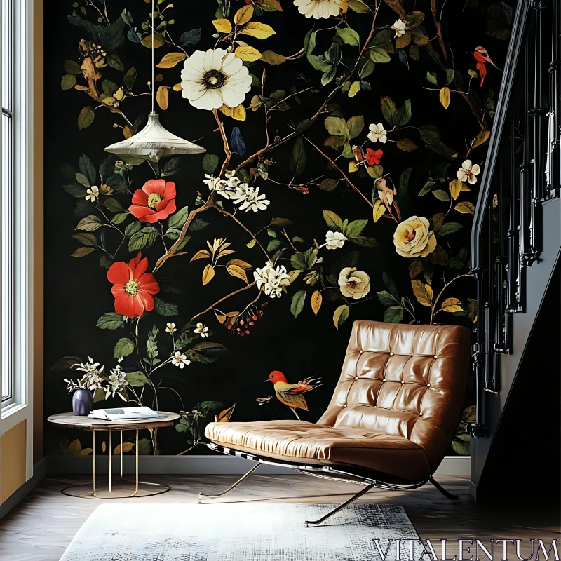 AI ART Vintage Interior with Floral Wallpaper