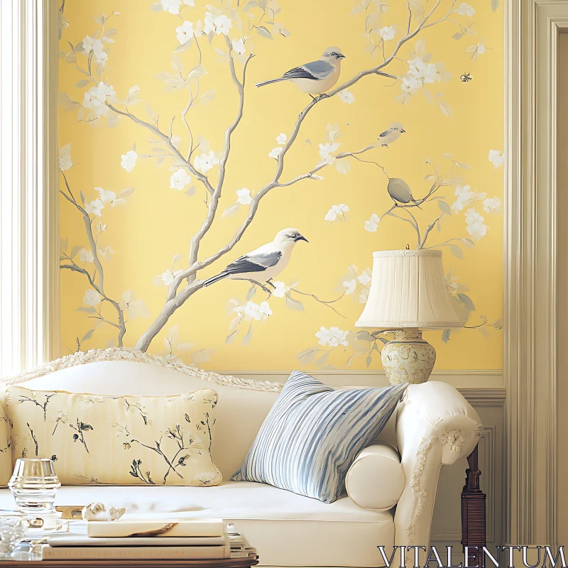 AI ART Elegant Interior with Bird Motif Wallpaper