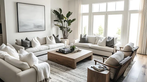 Modern Interior with White Sofas and Wood Accents