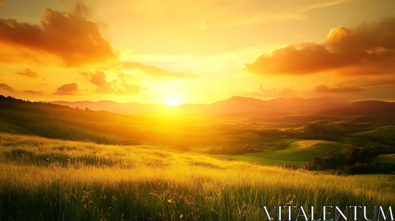 Picturesque Sunset Landscape with Meadow AI Image