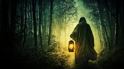 Mysterious Figure in Forest with Lantern