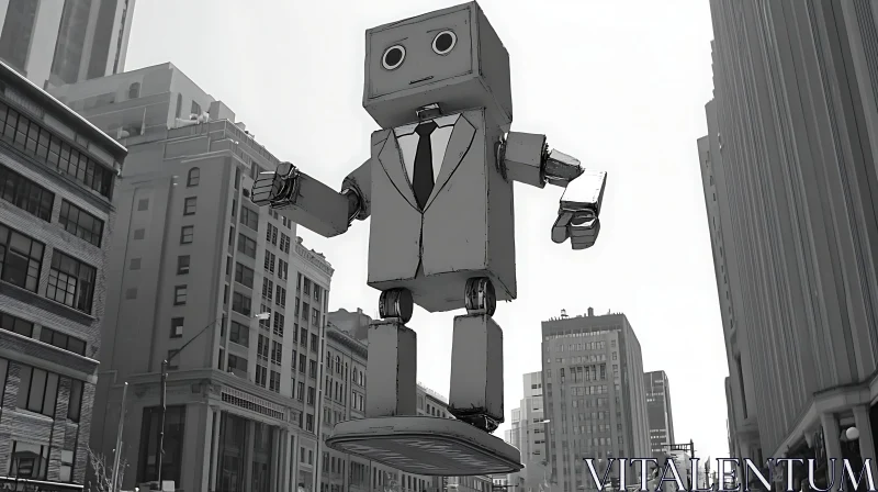 Monochrome Robot in Urban Setting AI Image