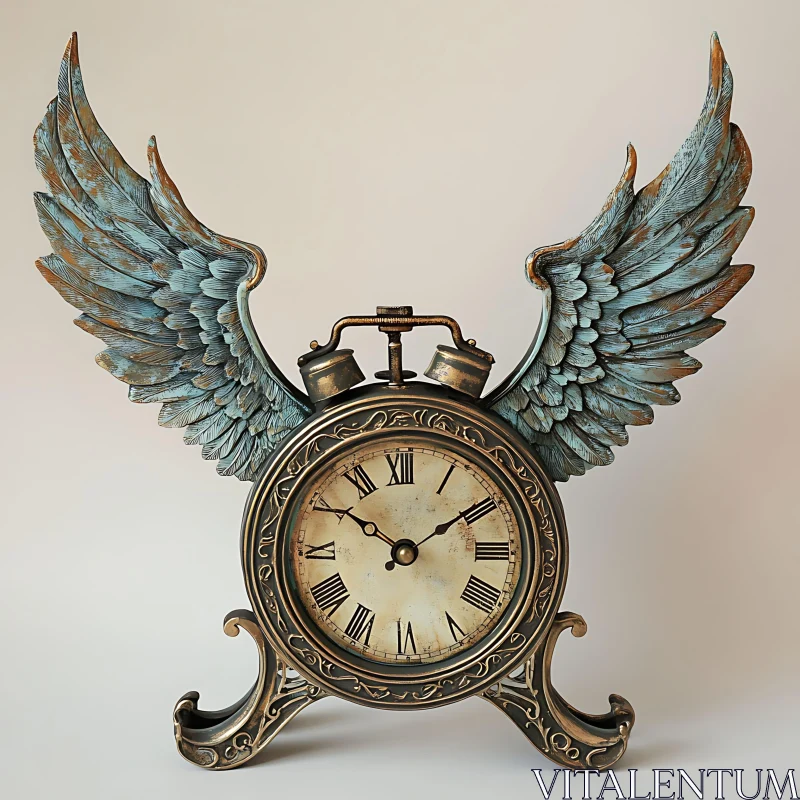 AI ART Antique Clock with Wings Sculpture