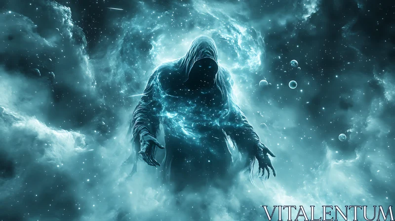 Hooded Figure in Cosmic Nebula AI Image