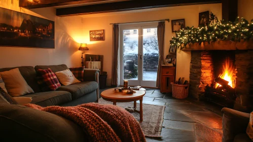 Cozy Fireplace in Winter Cottage