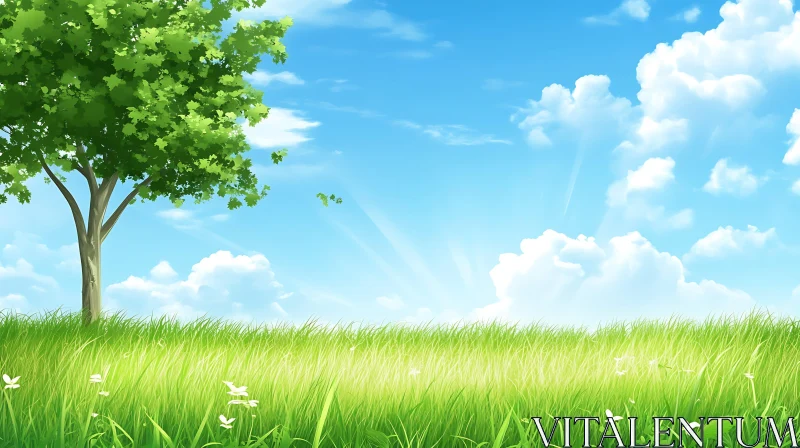 Tranquil Landscape with Tree and Meadow AI Image