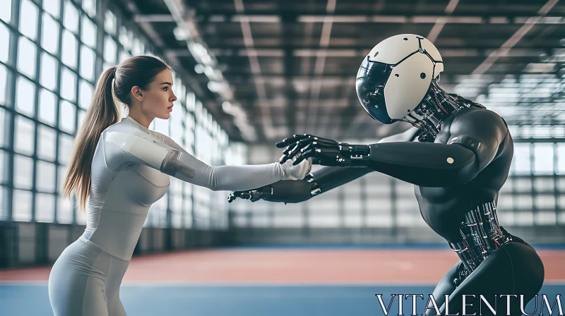 Woman and Cyborg in a High-Tech Training Environment AI Image