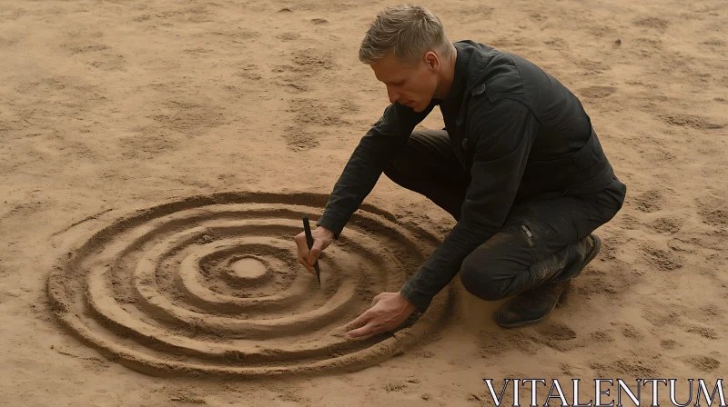 Man Designing Concentric Circles in Sand AI Image