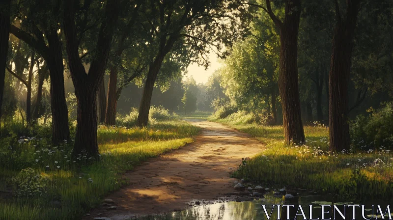 AI ART Tranquil Woodland Path with Morning Sunlight