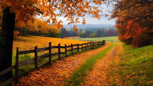 Autumnal Country Road with Fallen Leaves