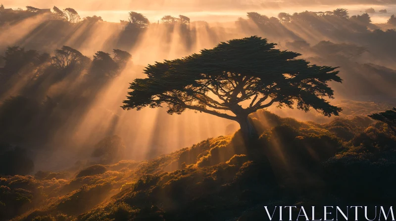 Golden Light and Lone Tree at Sunrise AI Image