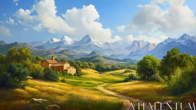 AI ART Scenic Mountain Landscape with Golden Field