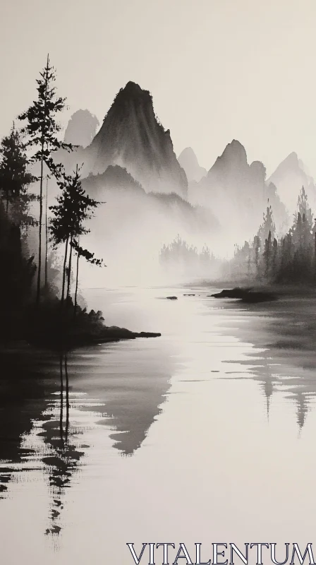 AI ART Serene Misty Lakeside with Mountain Reflections