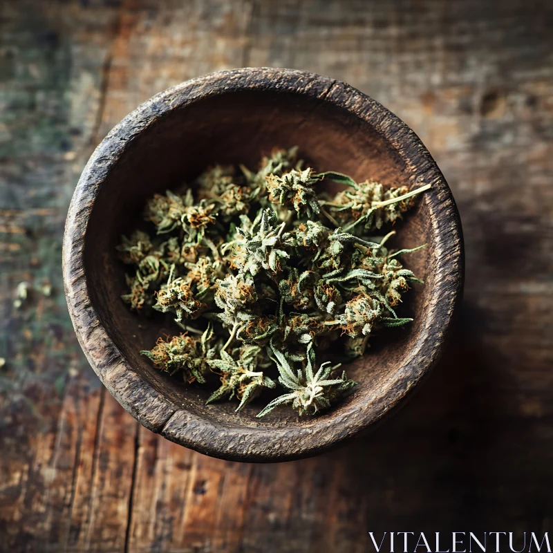 Dried Botanical Arrangement in Wooden Bowl AI Image