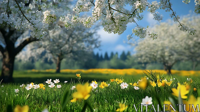 Spring Meadow with White Blossoms AI Image