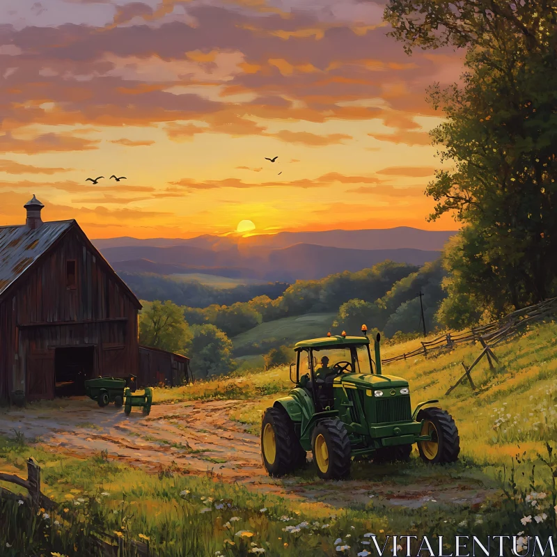 AI ART Sunset on the Farm with Tractor