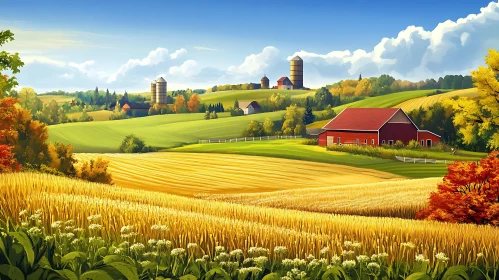 Autumn Countryside Landscape with Red Barn