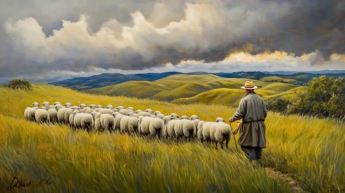 Golden Meadow: A Shepherd's Path with Sheep