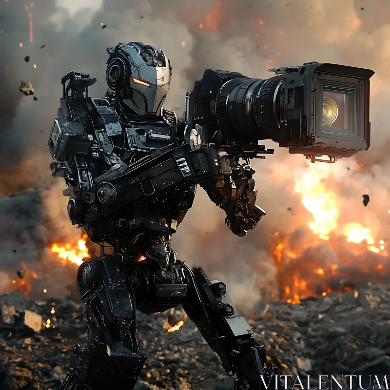 AI ART Robot Cameraman in Explosive Battlefield