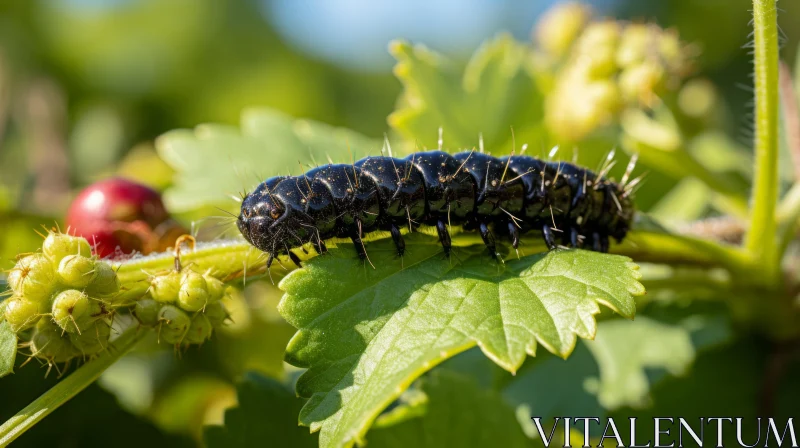 Black Caterpillar on Grape Blossom: A Study in Macro Photography AI Image