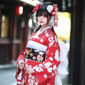 Red Kimono Woman with Floral Headpiece