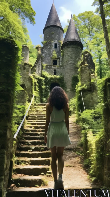 Captivating Forest Castle: A Woman's Journey to Enchantment AI Image
