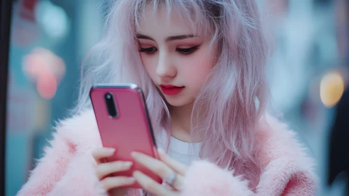 Woman with Pink Hair and Phone