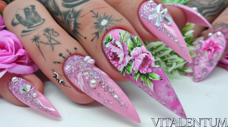 Exquisite Pink and White Floral Nail Art Design AI Image