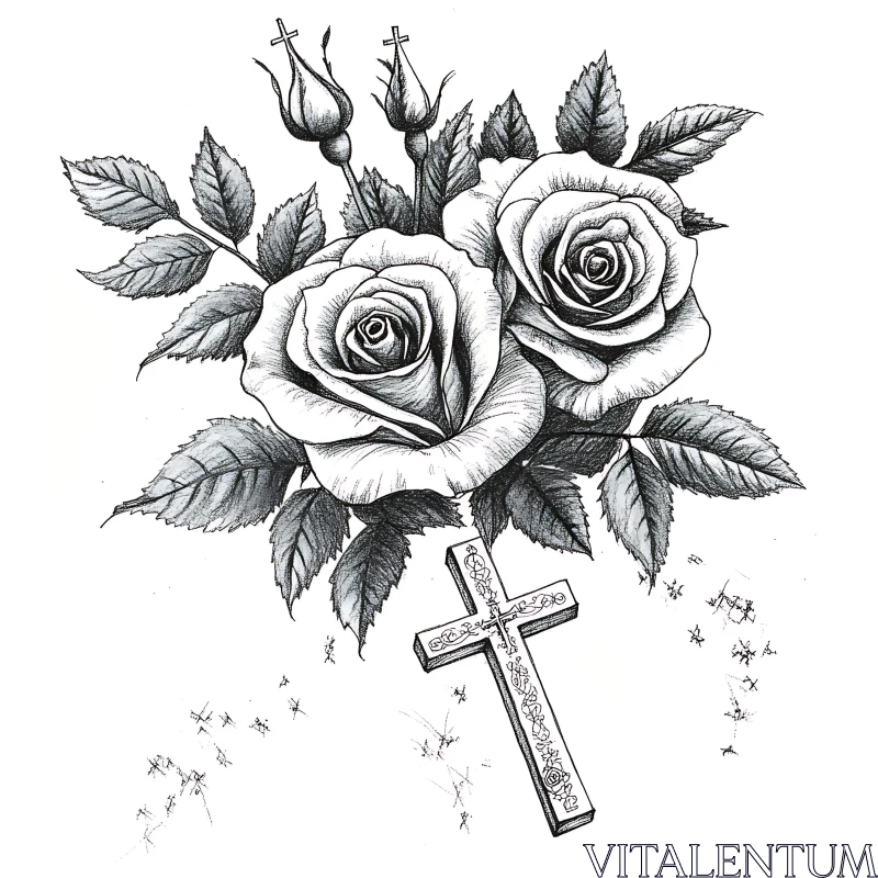 Floral and Religious Tattoo Art in Monochrome AI Image