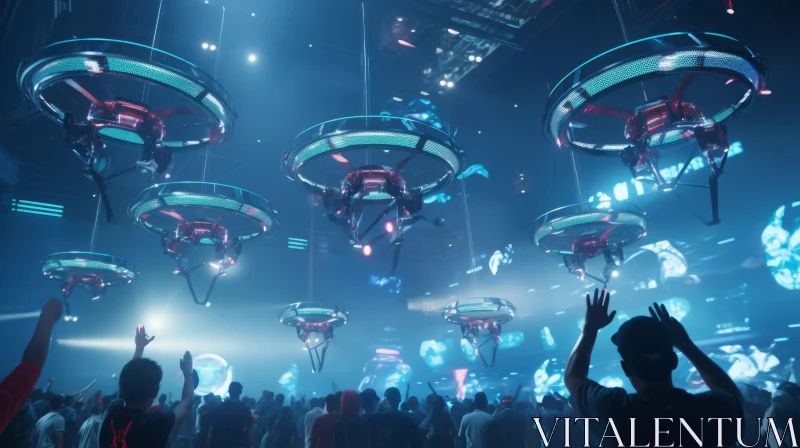 Futuristic Nightclub Scene with Floating Drones AI Image