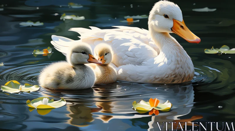 Mother Duck and Ducklings Swimming - Digital Artwork AI Image