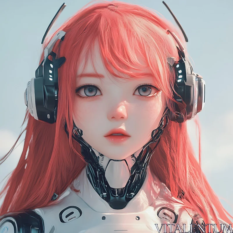 Futuristic Anime Cyborg with Red Hair AI Image