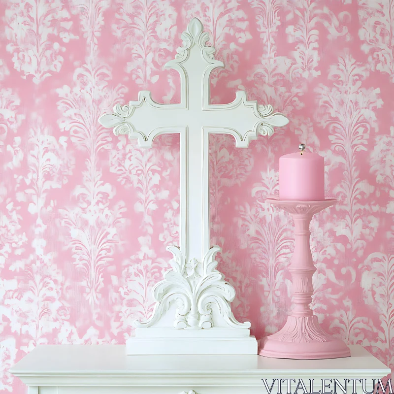 Serene Pink Still Life with Cross AI Image