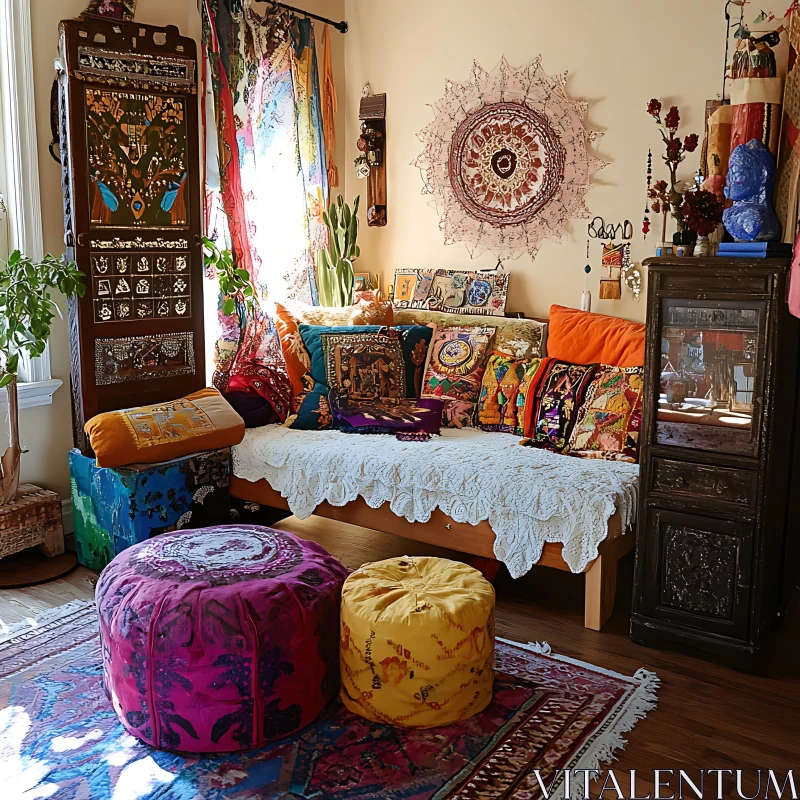 Eclectic Room Decor with Pillows and Rug AI Image