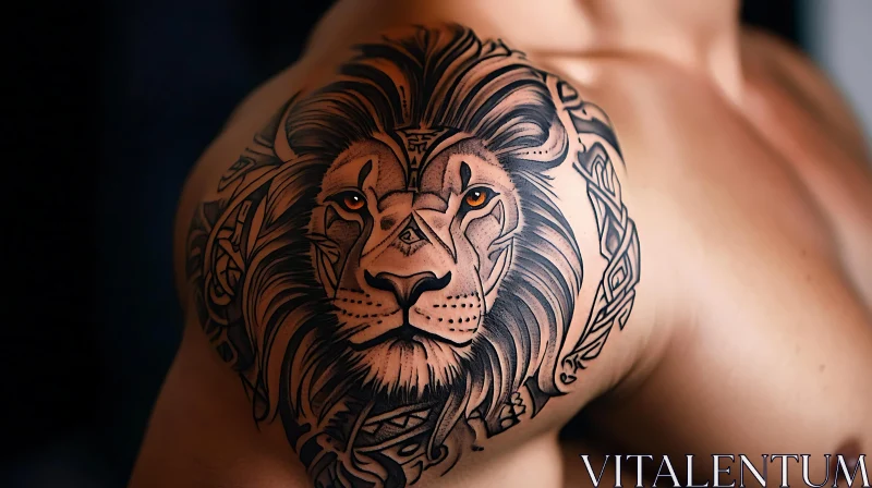 Detailed Lion's Face Tattoo on Shoulder AI Image