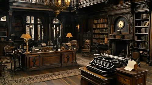 Old Library Interior with Typewriter