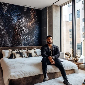 Man Posing in Contemporary Bedroom Setting