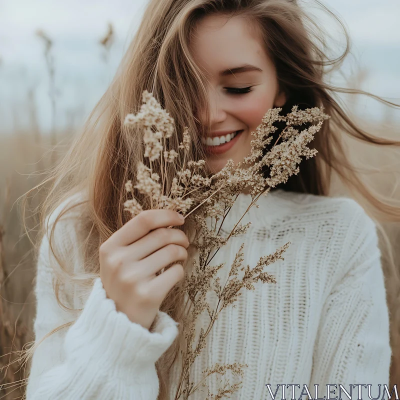 Smiling Woman with Dried Flowers AI Image