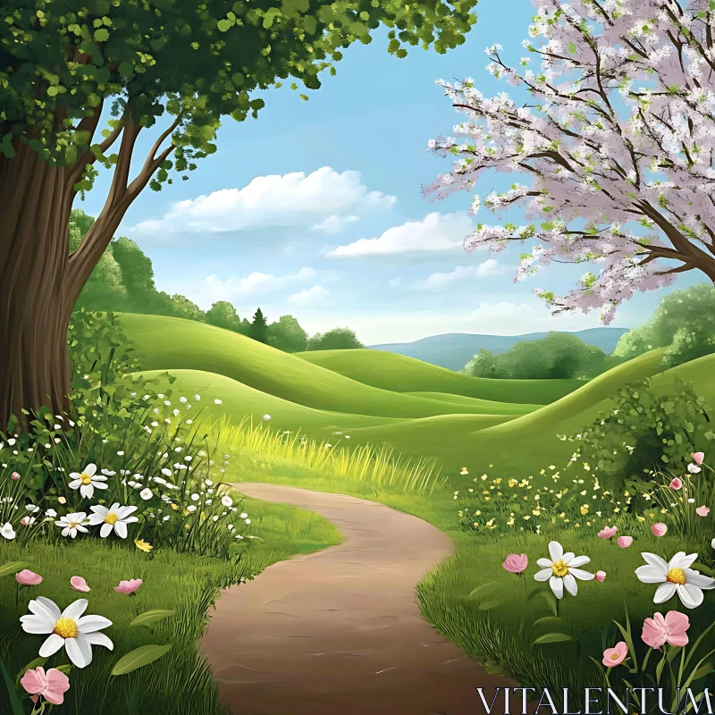 AI ART Idyllic Green Hills and Floral Path