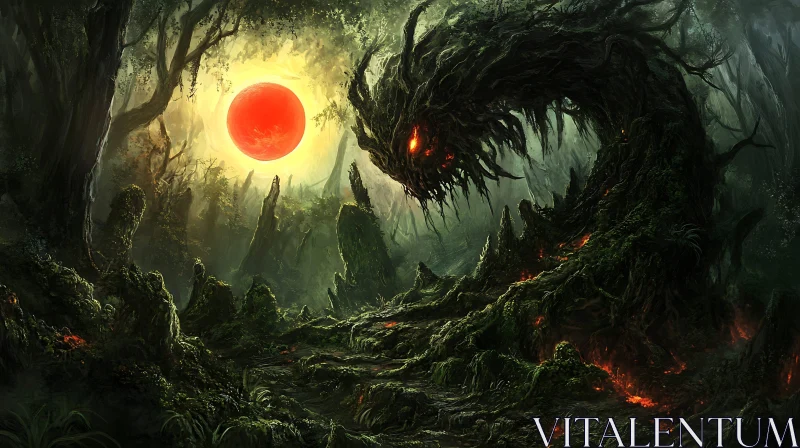 AI ART Mystical Forest Monster with Crimson Moon