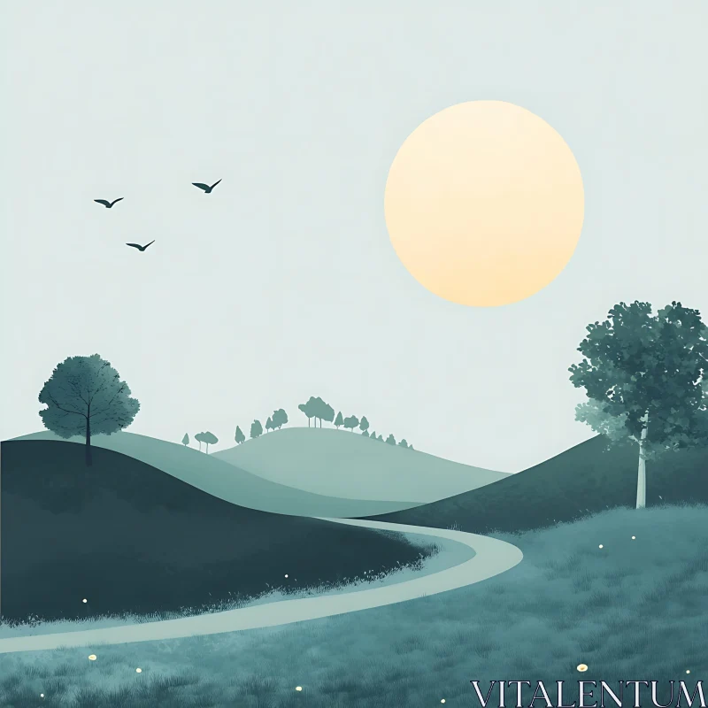 AI ART Serene Hills and Moonlit Sky Artwork