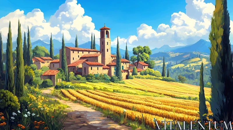 Scenic Italian Countryside with Golden Fields AI Image