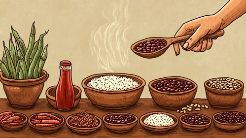 A Culinary Illustration of Beans, Rice, and Spices