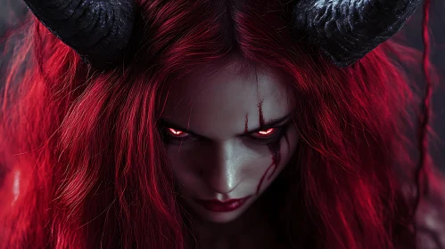 Crimson Haired Demonic Woman with Horns