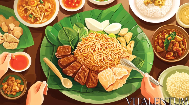 Asian Cuisine Artwork Featuring Noodles and Side Dishes AI Image